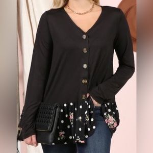 Women’s Black Button up Tunic with Polka Dot Floral Bottom~ NWT